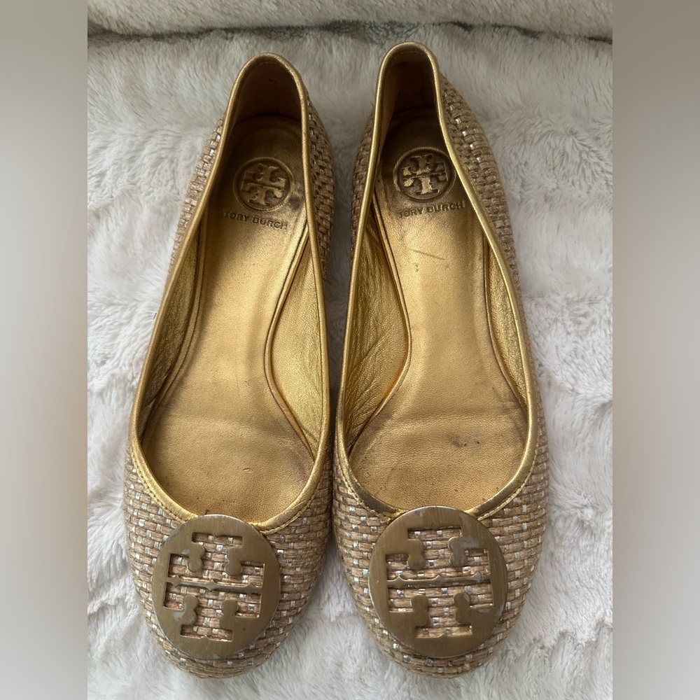Tory Burch Lurex Straw Reva Gold Flats Size 8.5 ( see photos)